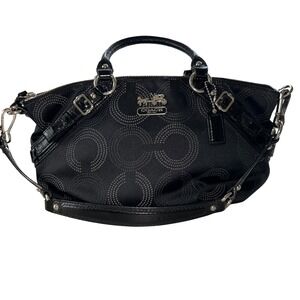 Coach Black Madison Sophia Dotted OP Art Patent Leather Satchel Bag Purse